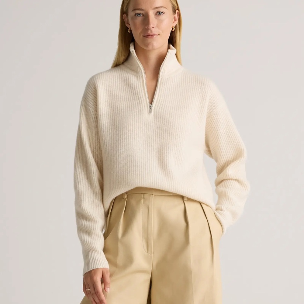 Quince Mongolian Cashmere Half Zip Sweater Ribbed Oatmeal Small